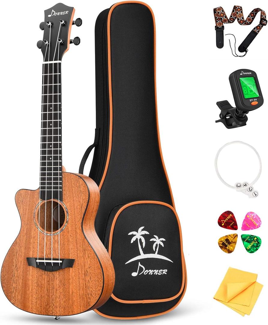 Donner Left handed Concert Ukulele Mahogany 23 Inch Professional Cutaway Ukelele Bundle Kit for Beginner Adults with Gig Bag Strap Nylon String Tuner Picks Cloth DUC-100L Ukalalee Yukalalee