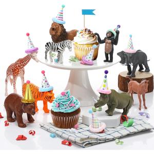 18 Pcs Jungle Animal Birthday Party Decorations Mini Birthday Hat Animal Figure Model Cake Toppers with Mini Hat for Birthday Party, Wild Animals Themed Party