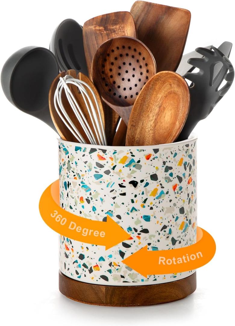 Nucookery 360Rotating Utensil Holder, 7.2" Large Utensil Crock, White Ceramic Cooking Utensil Organizer,Farmhouse Kitchen Decor Christmas Thanksgiving Gift (Marble Pattern)