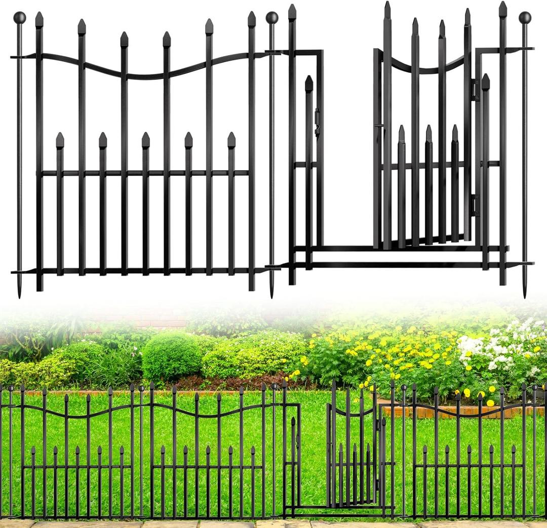 10 Panels No Dig Decorative Garden Fence with Gate, 24in(H)  22ft(L) Heavy-Duty Rustproof Metal Panels, Outdoor Dog Barrier for Yard & Patio, Landscape, Border| Portable Temporary Fencing