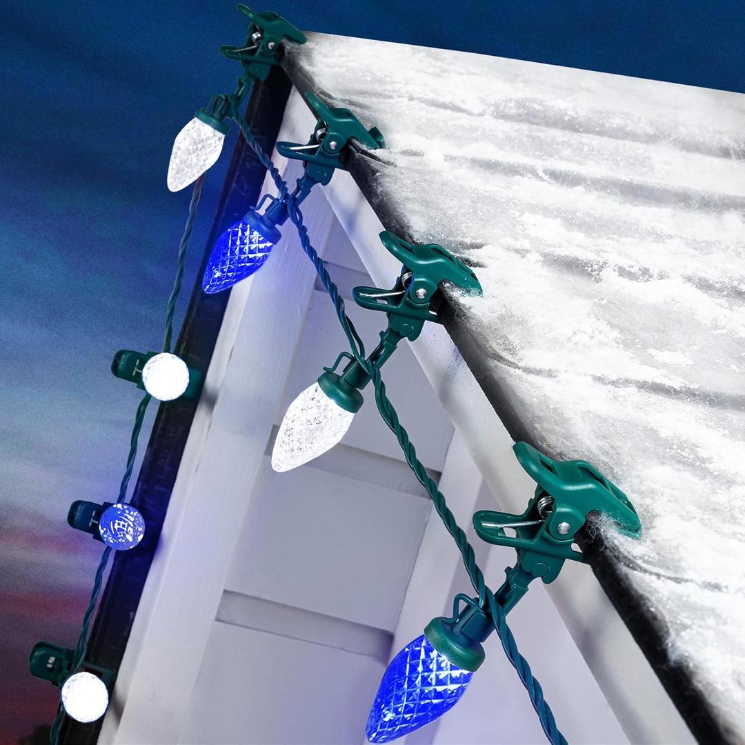 2PACK C9 LED Christmas Lights with 100 Spring Clips, Total 100ft 100 LED Waterproof Strawberry String Lights, Commercial Grade Extendable Perfect for Roofline House Xmas Decor, Blue & Pure White