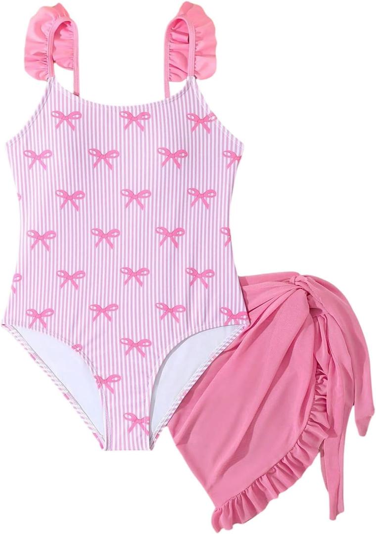 GORGLITTER Girl's Cute Bow Swimsuit Striped Ruffle One Piece Kids Bathing Suit with Beach Cover Up Skirt