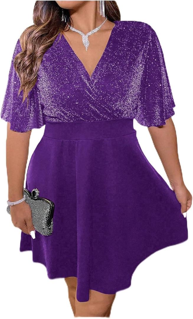 Floerns Women's Plus Size Glitter Wrap V Neck Short Sleeve Party A Line Dress