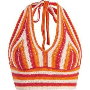 Verdusa Women's Colorblock Striped Crop Halter Top Tie Backless V Neck Going Out Tops (Large, Orange Red)