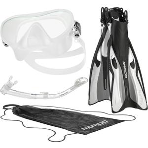 Italian Design Premium Tempered Glass Lens Anti-Fog Panoramic View Frameless Snorkel Mask, Elite Dry Snorkel Tube, Adjustable Fins - Mask Fin Snorkel Set