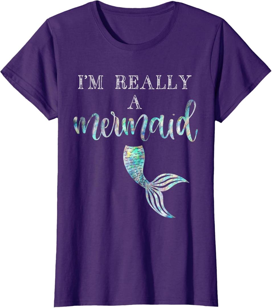 I'm Really A Mermaid Purple Shirt Cute Birthday Bridal Tee, Large, Purple