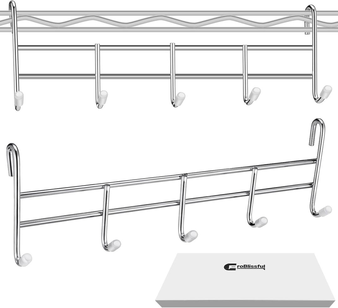 2 Pcs 5 Hook Attachment for Wire Shelving 1.5 x 12 x 4 Inch Hanging Hooks Rack Wire Chrome Plated Steel Shelf Accessories Metal Hook Bars for Storage Display Organizer (Chrome)