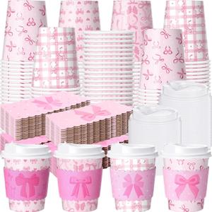 48 Sets Pink Bow Disposable Coffee Cups with Lids and Sleeves, 8oz Coquette Bowknot Drinking Cups for Wedding Bachelorette Baby Shower Birthday Party Supplies