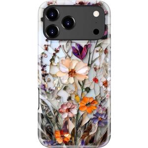 for iPhone 17 Pro Max Case Cute - Wireless Charging Compatible - Dual-Layer Hard Shell + Silicone Cover - Aesthetic Protective Phone Case for Women - Marble Pressed Flowers