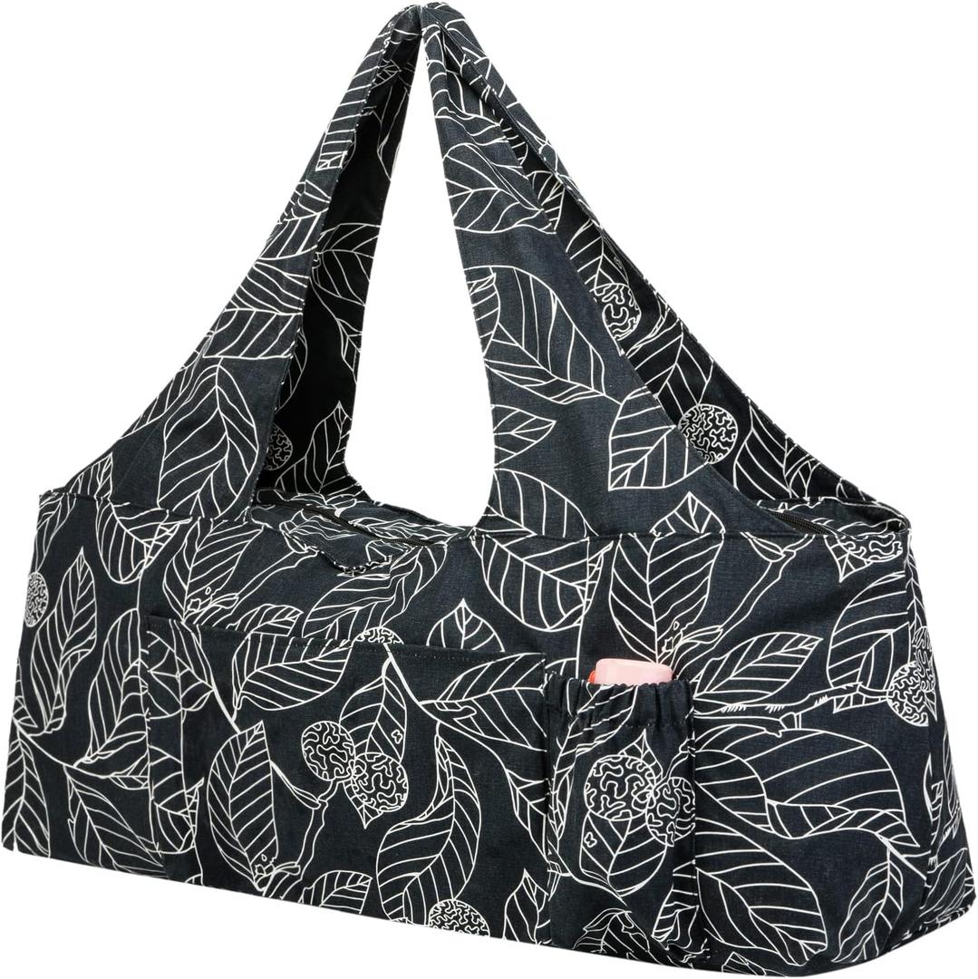 KUAK Extra Large Yoga Mat Bag with Zippered Top & 5 Pockets - Premium Canvas Tote with Yoga Mat Carrying Strap for Pilates, Gym, Fitness Block & Gear (Leaf)