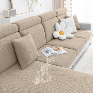 Smiry Waterproof Couch Cushion Covers, Stretch Jacquard Sectional Couch Covers, L Shape Chaise Lounge Sofa Slipcover, Washable Elastic Furniture Protector for Pets, Kid (Chaise Cover, Camel)