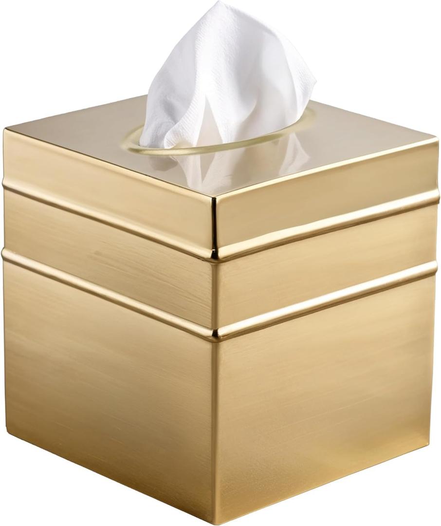 Monarch Abode Handcrafted Tissue Box Cover Square, Border Embossed Brushed Gold Tissue Holder for Bathroom, Square Metal Dresser Accessories for Home and Office, Decorative Tissue Box Holder