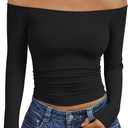 Trendy Queen Womens Long Sleeve Off The Shoulder Tops Going Out Cute Basic Y2K Fall Fashion 2026 Outfits Clothes (Medium, Black)