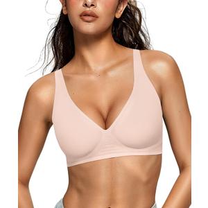 OEAK Womens Deep V Bras Wireless Comfortable Bra Supportive No Underwire Bras Tshirt Push Up Bralettes Plunge Seamless Bra (Small, Skin Color)