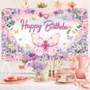 Butterfly Birthday Banner Backdrop Pink Purple Happy Birthday Girl Baby Shower Fairy Spring Party Background Butterfly Decorations 5.9 x 3.6ft