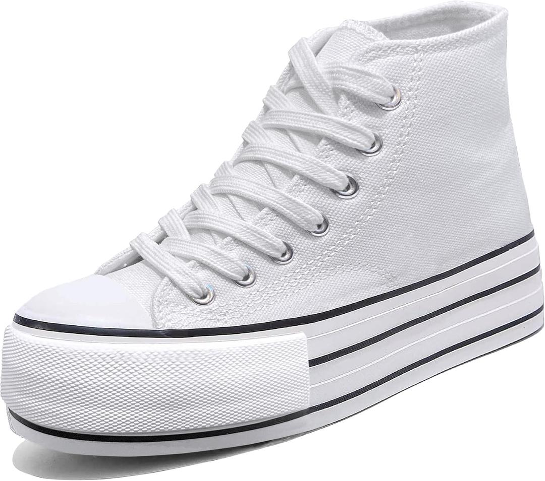 Women's Platform Sneakers Canvas Low Top, 4cm Height Increasing Chunky Shoes for Girls, Classic Casual Walking Footwear (10, Highwhite)