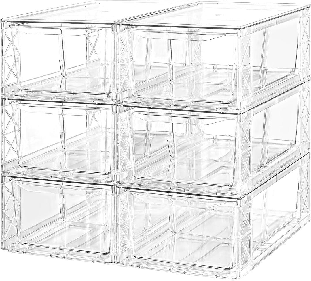 6Pack Acrylic Storage Drawers, Clear Stackable Storage Drawers, Acrylic Storage Bins with Drawers for Fridge Organizers, Plastic Drawers Stackable for Makeup Organizers Cosmetic Display, Medium