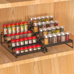 4 Tier Adjustable Spice Rack Organizer for Cabinet - Black (2 PCS S&L) Expandable Spice Shelf with Protection Railing for Inside Cabinets, Countertop, Pantry Storage & Seasoning Organization