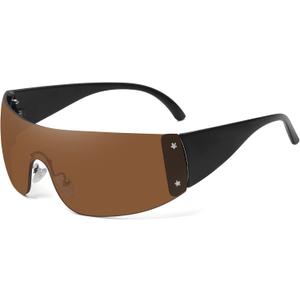 Trendy Rimless Star Y2K Sunglasses for Women Men Shield Oversized Wrap Around Frameless Sunglasses UV400 Protective (Brown)