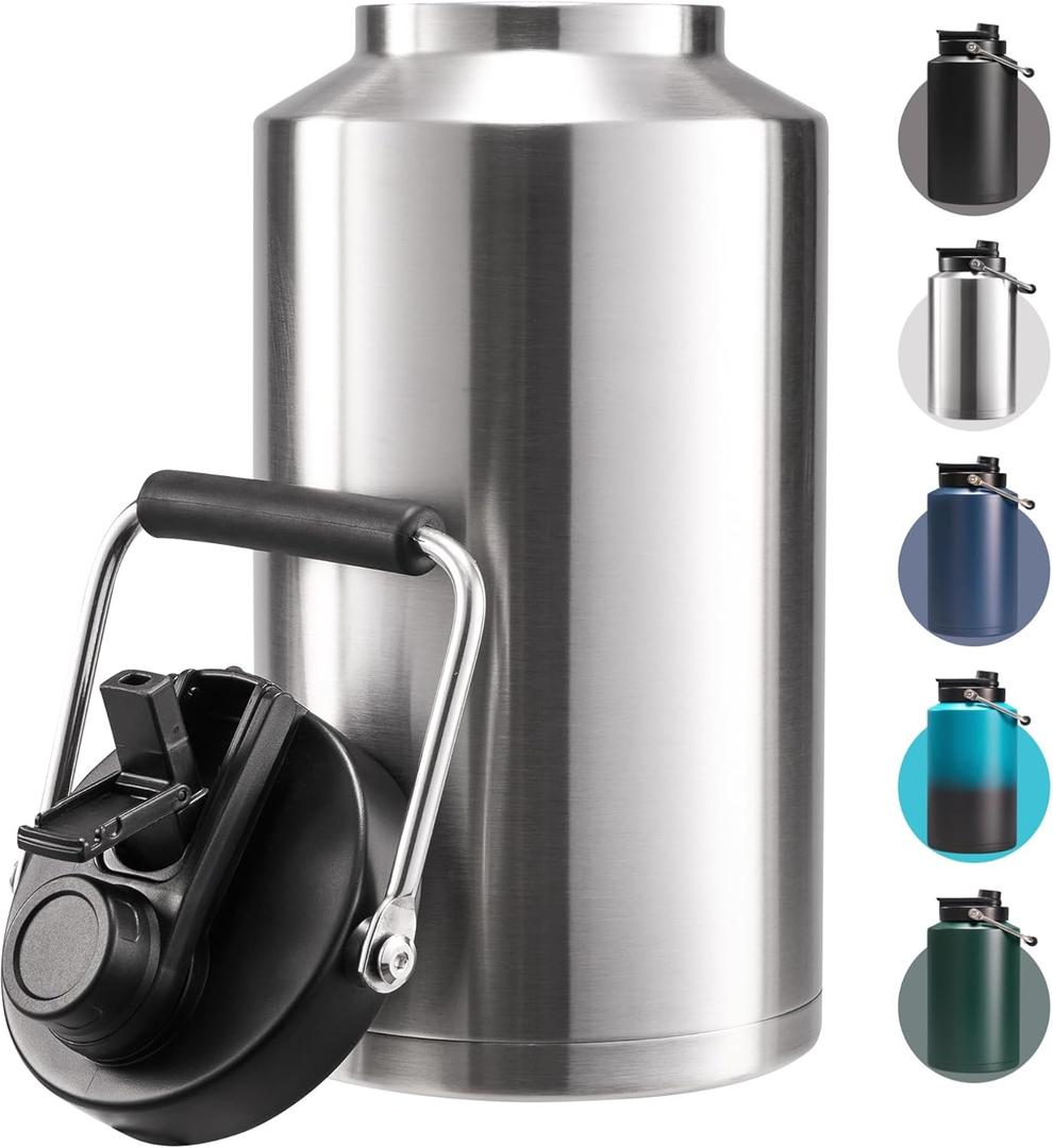 One Gallon Insulated Water Bottle for Travel: 2-in-1 Straw and Spout Lid, Keep Cold 24Hrs, Leakproof, 128oz Water Jug With Handle, Vacuum Stainless Steel for Sports, Hiking, Trip(Stainless)