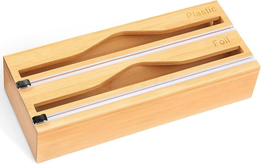 2 in 1 Wrap Slide Cutter Smooth Cutting Bamboo Food Wrap Case Wrap Cutter Wrap Holder Cooking Sheet Kitchen Aluminum Foil Case Slide Cutter