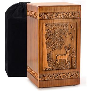 Handmade Wooden Urn for Human Ashes, Urns for Adults Male Female 250 lbs, Engraved Burial Cremation Urns for Ashes Men Women(Deer)