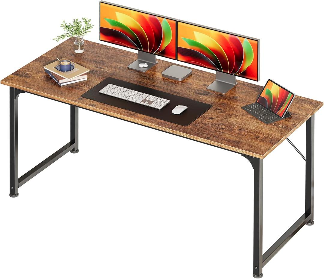 Huuger Computer Desk, 55 Inch Home Office Desk, Gaming Writing Work from Home Study Desk, Large Legroom, Sturdy Metal Frame, Modern Simple, Rustic Brown, 54inch
