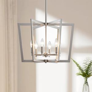 Brushed Nickel Chandelier, 6-Light Geometric Dining Room Light Fixture Over Table Metal Modern Chandelier Lighting for Kitchen Island Entryway, 20 Inch Pendant Lighting Hanging Ceiling Lamp