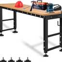 48" Adjustable Workbench with Power Outlet, Work Table with Anti-Slip Foot Pad, 1500 LBS Rubber Wood Workstation for Garage, Workshop, Office, Home, 5 Level Heights Worktable, Easy Assembly