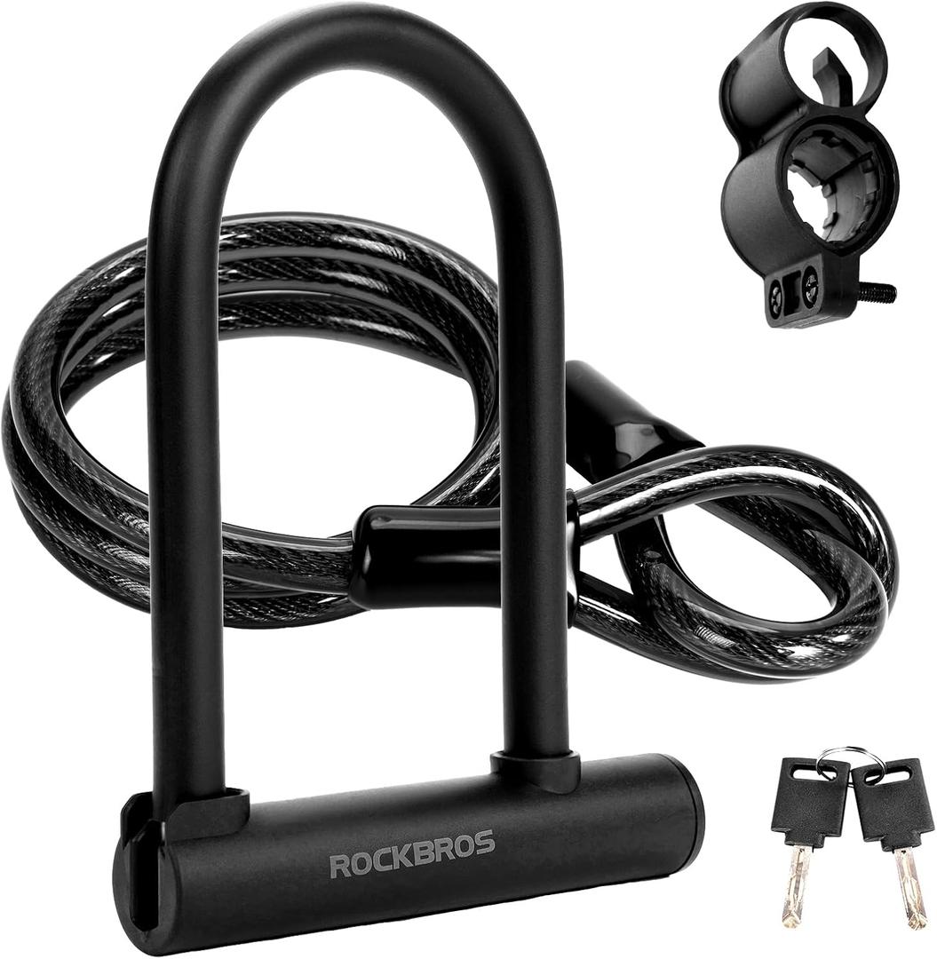 ROCKBROS U Lock Bike U Lock with Cable Heavy Duty Anti Theft Bike Lock U-Lock 4 ft Cable with Keys & Sturdy Mounting Bracket for Road, Mountain, Electric
