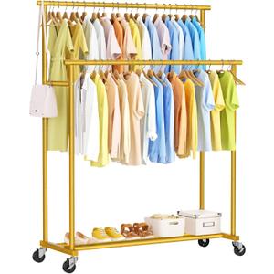 Double Rods Clothes Rack, Gold Rolling Clothing Racks for Hanging Clothes, Metal Portable Garment Rack for Bedroom, Cloakroom, Laundry room