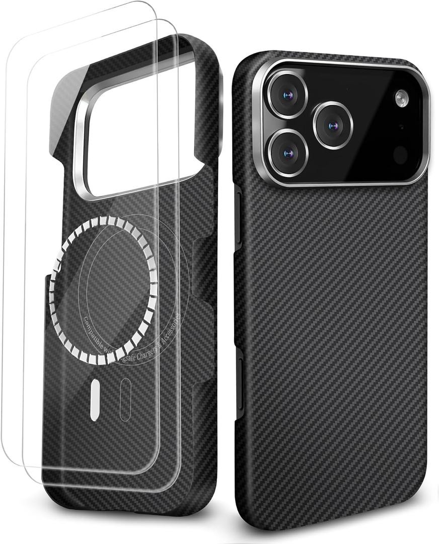 Aramid Fiber Case for iPhone 17 Pro Max 6.9", Compatible with MagSafe, 0.02" Ultra-Slim 600D Carbon Fiber, Thin & Light, Case-Free Touch, Minimalist, Black+Grey Twill (for iPhone17 Pro Max)