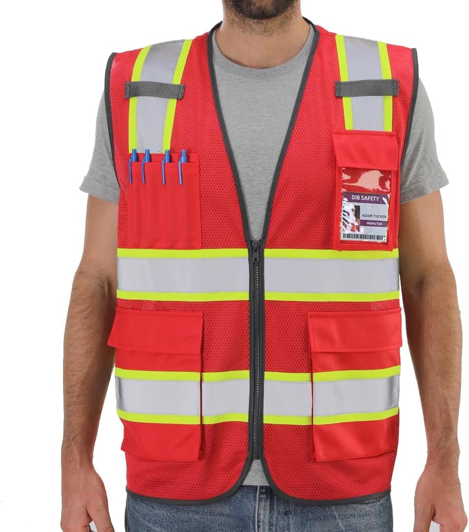 Dib Safety Reflective Mesh Vest High Visibility Two Tone with Pockets and Zipper, Red Mesh with Yellow Trim, XL