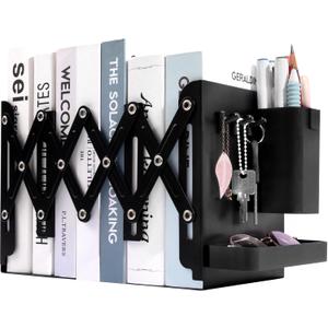 Adjustable Bookends, 19" Metal Book Ends for Heavy Books, 2 Dividers Bookends with Removable Pen Holder, Tray, and 3 Hook-up, Book Organizer for Office, School, Bookstore, Home (Black)