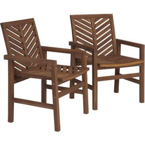 Walker Edison 2 Piece Outdoor Patio Chevron Wood Chair Set All Weather Backyard Conversation Garden Poolside Balcony, Set of 2, Dark Brown