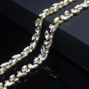 3 Yards Rhinestone Trim Chain Gold String Strips Crystal Applique Fringe Ribbon Beads Sewing for Dress DIY Party Wedding Bouquet Decoration Bridal Costume Embellishment