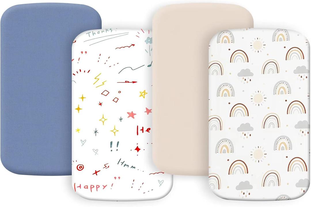 4 Pack Bassinet Sheets 21" x 35" Compatible with Amke, Ezebaby, Evolur Stellar and Mereryi Baby Bassinet, Soft and Skin-Friendly, Blue and Color Rainbow