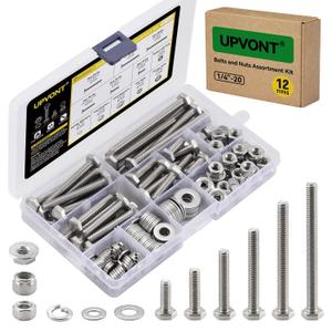 Hex Bolts and Nuts Assortment Kit, 1/4"-20 UNC Nuts and Bolts Set (12 Types), 304 Stainless Steel Bolts and Nuts Kit with Nylon Lock Nuts, Flange Nuts and Spring Washers