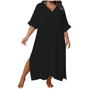 WDIRARA Women's Plus Size Swimwear V Neck Half Sleeve Split Side Cover Up Beach Dress 3XL