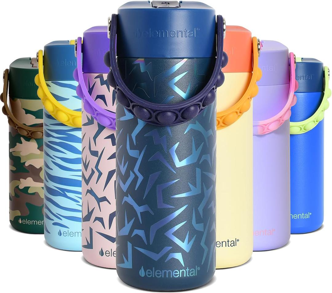 Elemental Insulated Kids Water Bottle, Stainless Steel Water Bottle with Straw Lid & Pop-It Handle, Leak-Proof Water Bottles for School, Boys or Girls, Travelling and Sports, 18oz - Dark Patterns