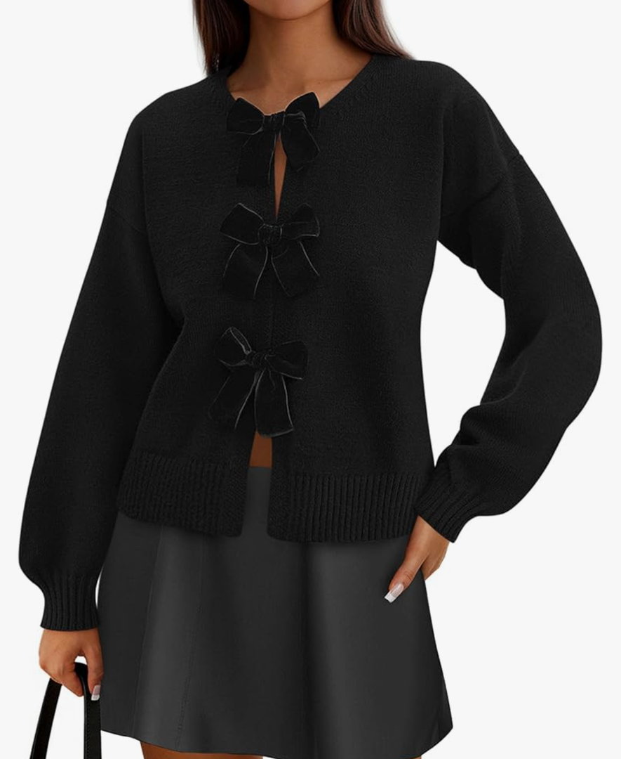 PRETTYGARDEN Cardigan Sweaters for Women Fall Fashion 2026 Bow Tie Front Long Sleeve Knit Sweater Tops Cute Winter Clothes size M, Black