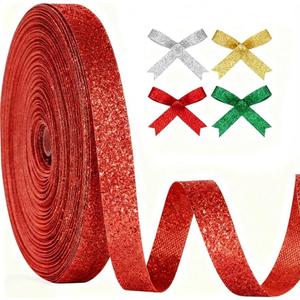 Glitter Ribbon Set, 4 Rolls Ribbons for Crafts (Red, Green, Gold, Silver), 3/8 Inch Wide x 10 Yards Each, Red Valentine Ribbon for Gift Wrapping, Holiday Valentines Wedding Party Decoration