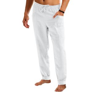 Runcati Mens Casual Pants Elastic Waist Drawstring Cotton Linen Pants Yoga Beach Summer Lightweight Trousers (L)