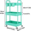 UDEAR 3-Tier Rolling Utility Cart,Multifunctional Storage Shelves with Handle and Lockable Wheels for Room,Office,Kitchen,Bathroom,with 3 Hanging Cups,Green