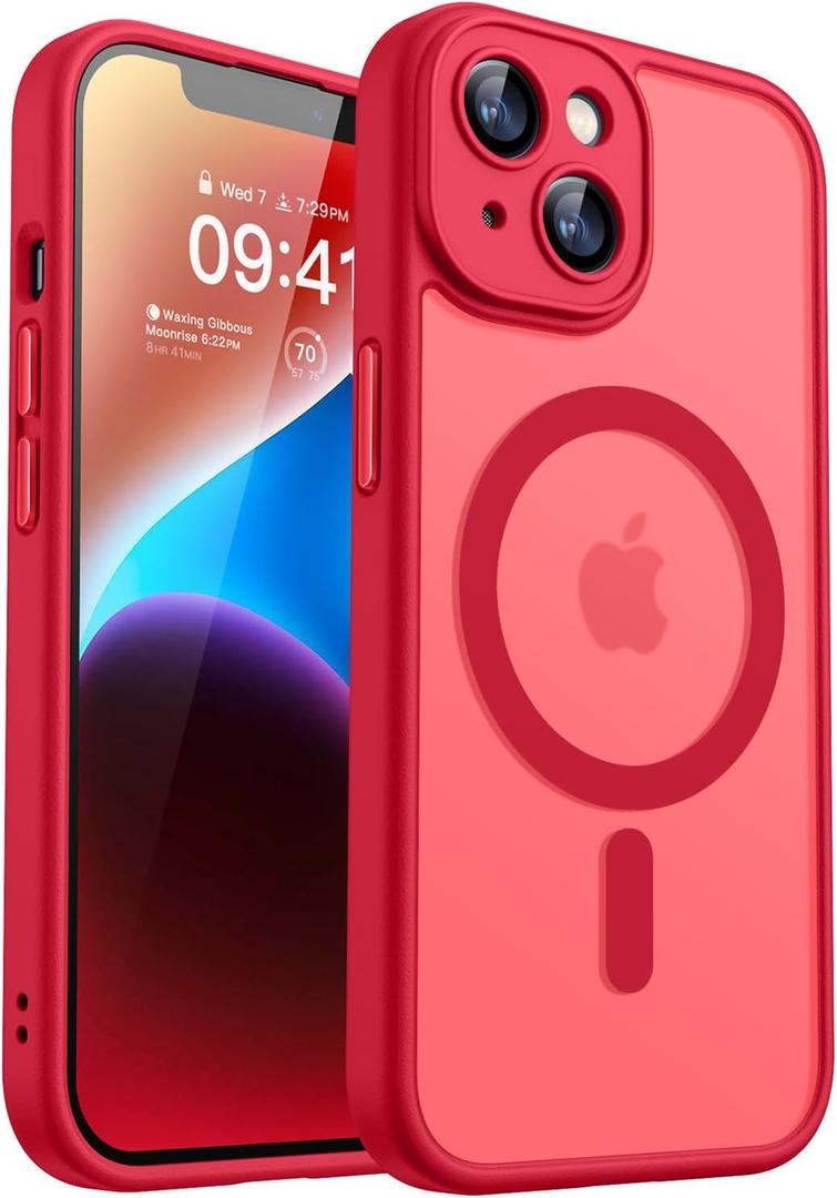 CANSHN Magnetic for iPhone 14 Plus Case, Upgraded [Full Camera Protection] [Compatible with MagSafe] [Translucent Matte] Shockproof Protective Phone Case for iPhone 14 Plus 6.7" - Red