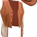 Yaomiao 70s Hippie Womens Fringe Vest Western Felt Cowgirl Hat Cowgirl Costume Rivets Sleeveless Faux Suede Tassels Jacket