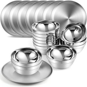 Sunnyray Stainless Steel Plates and Bowls Metal Camping Plates Reusable 13oz Steel Snack Feeding Serving Dinner Dishes Double Walled Insulated Metal Bowls for Kids(10 Set,8 Inch)