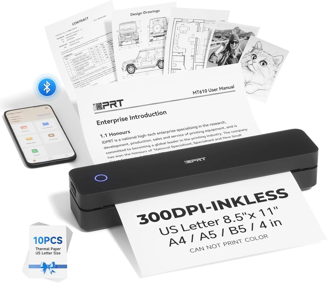 iDPRT Portable Printer Wireless for Travel, 300DPI Bluetooth Thermal Printer Support for 8.5"x11" US Letter, Inkless Compatible with iOS, Android, Laptop for Office, Car and Home, School (Black)