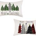 ONWAY Christmas Pillow Covers 12x20 Inch Set of 2 Trees Red Black Green Buffalo Plaid Decorative Lumbar Pillowcases Winter Holiday Cushion Cases for Christmas Decorations (Beige)