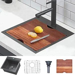 HOTIS 18" x 18" Black Bar Sink Drop in Workstation Sink, Handmade Stainless Steel Wet Bar Sinks,Topmount RV Small Kitchen Outdoor Single Bowl with Dish Grid & Drain & Cutting Board